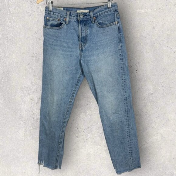 Revolve Levis Wedgie Raw Hem Button Fly High Rise Denim Shut Up Blue Size 28 - Picture 3 of 15